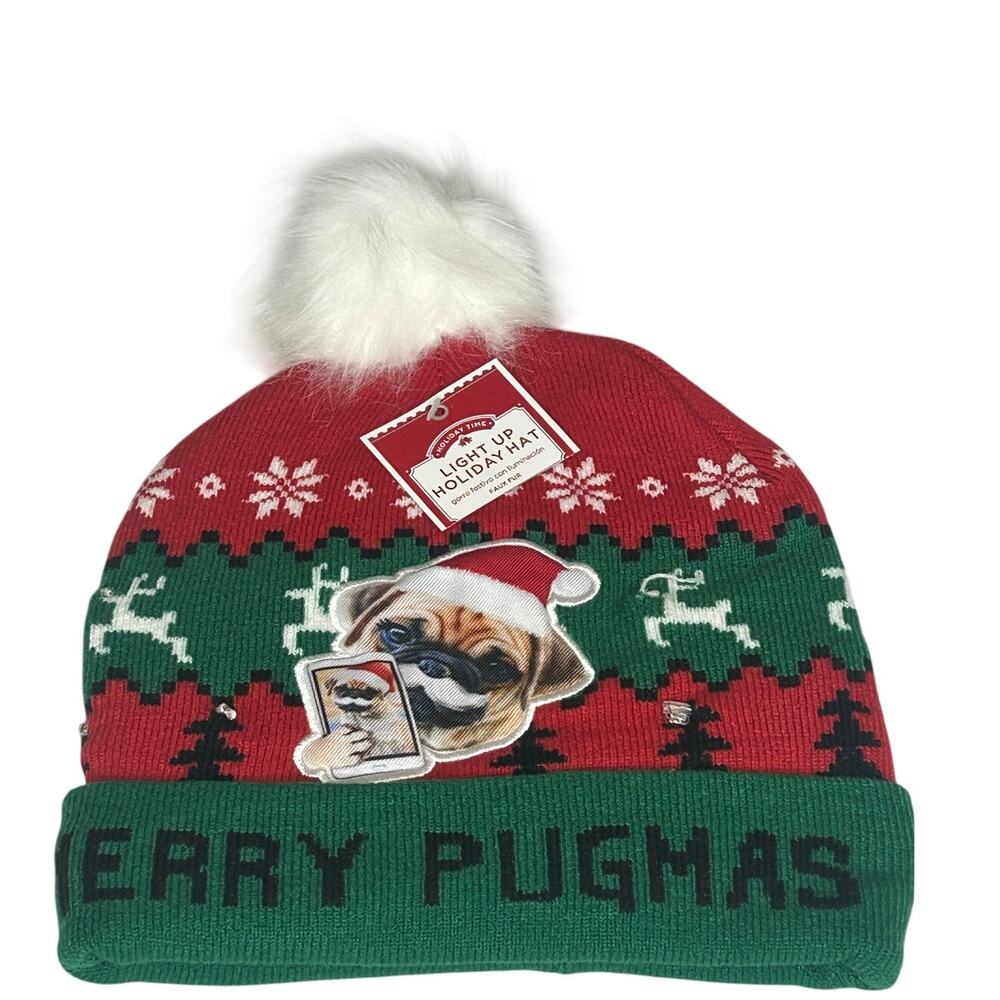 Holiday Time Light Up Merry Pugmas Christmas Beanie pug wearing santa hat OS NWT